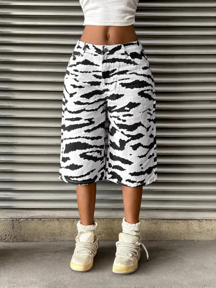 Zebra Print Wide Leg Denim Capris