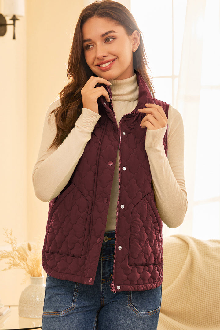 Wild Ginger Flower Shape Quilted Snap Button Zip Up Winter Vest
