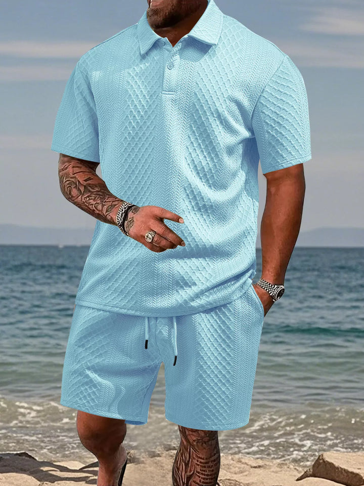 Men's Full Size Textured Knit Polo Shirt & Shorts Set Plus Size