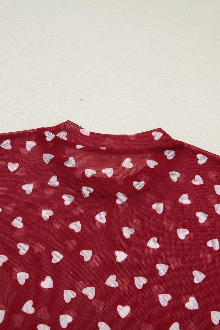 Racing Red Allover Heart Print Mesh Short Sleeve Top