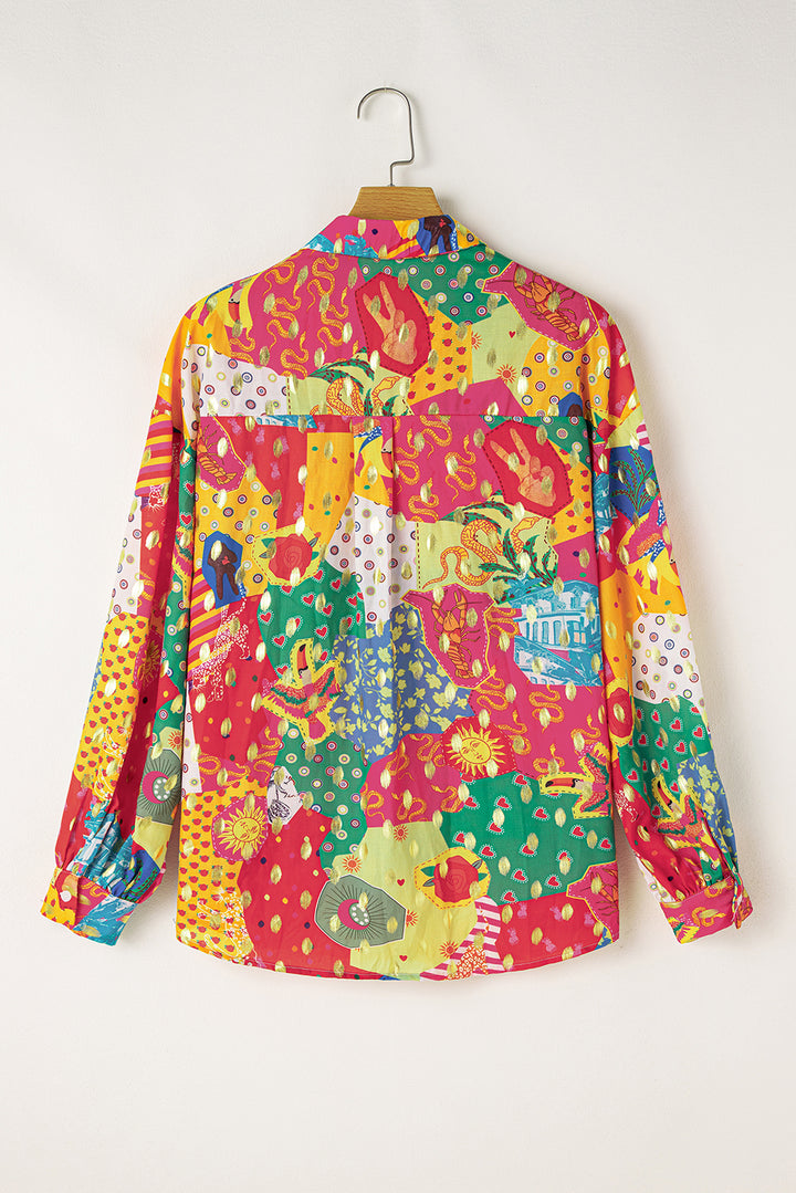 Chemise ample boutonnée à imprimé abstrait colorblock rouge rose