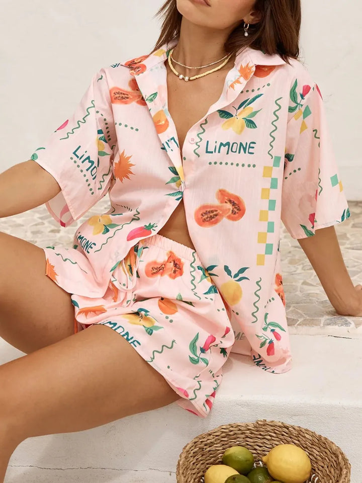 Printed Button Down Shirt and Shorts Set