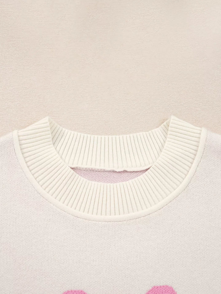 Bow Print Ribbed Trim Exposed Seam Drop Shoulder Loose Sweater
