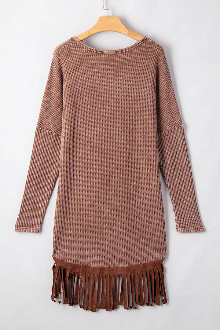 Waffle Knit Fringed High Low Loose Top