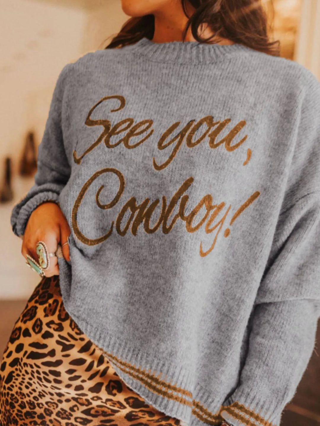 Letter Contrast Hem Round Neck Sweater