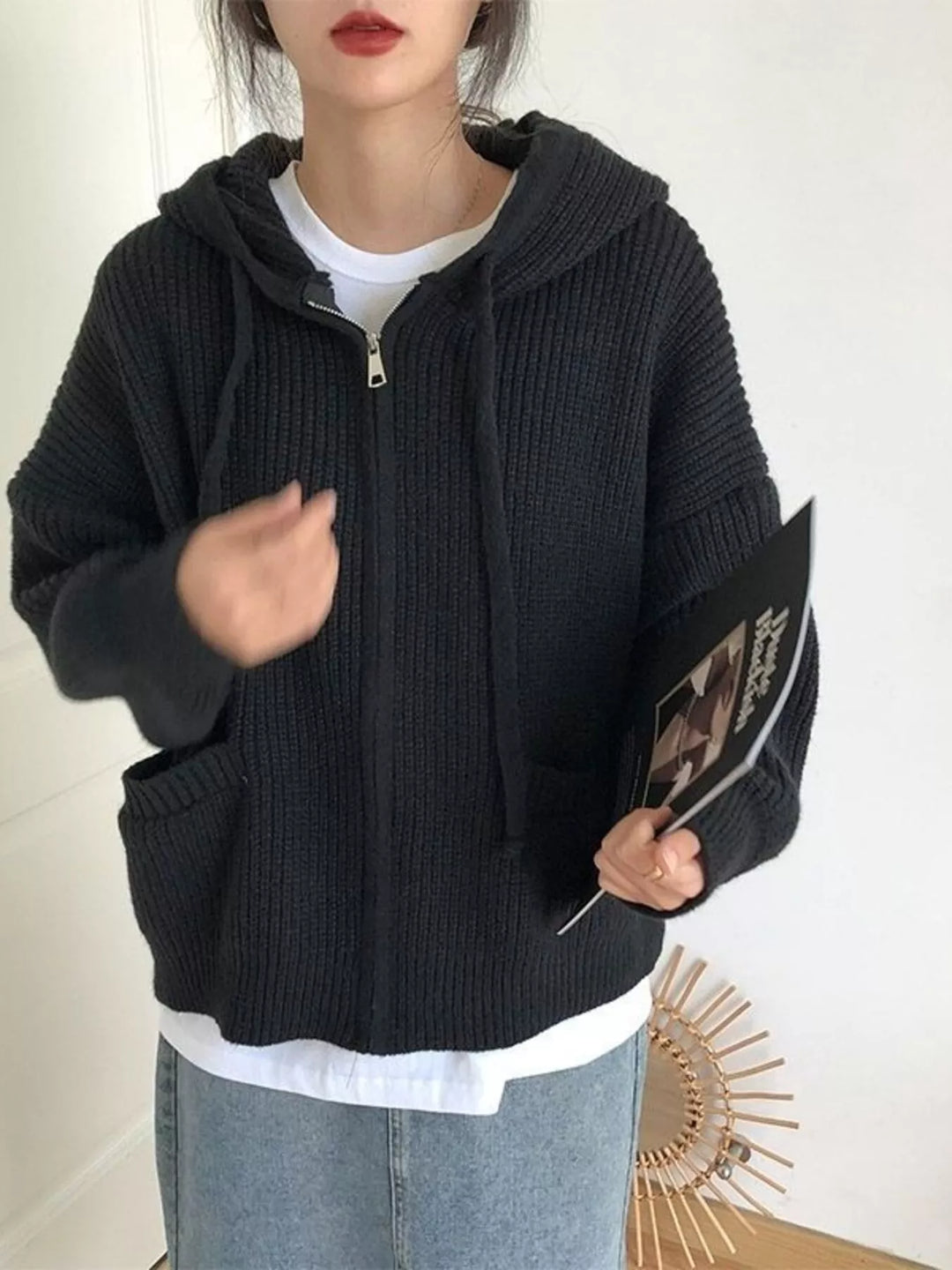 Full Size Casual Knitted Zip-Up Hooded Cardigan Plus Size