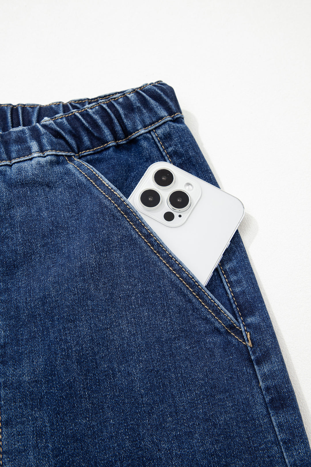 Prussian Blue Drawstring Seam Detail Raw Hem Wide Leg Denim Pants