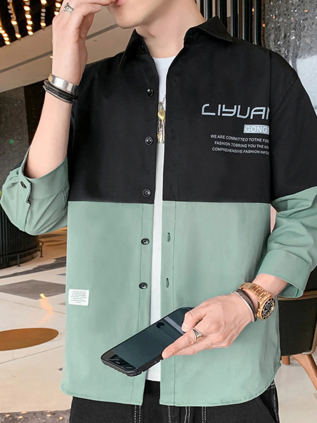 Men's Plus Size Two-Tone Casual Button-Down Shirt