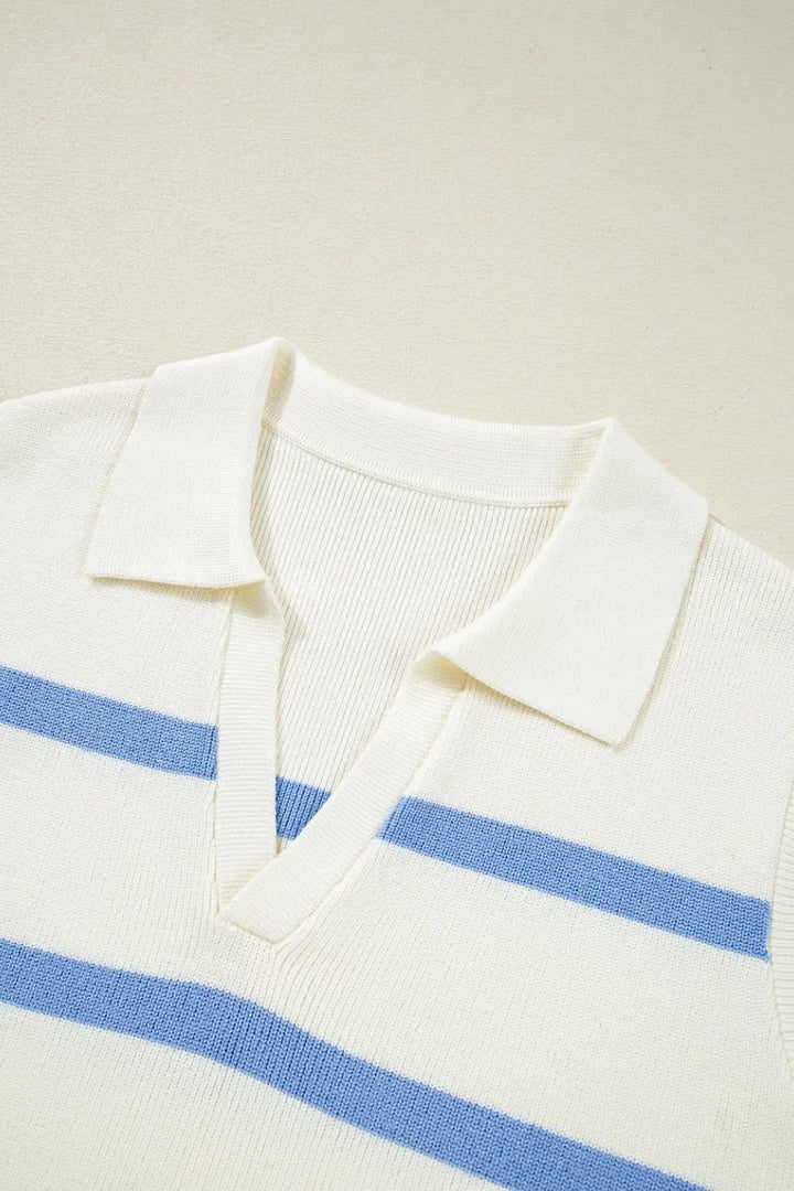 Stripe Split V Neck Collared Ribbed Sweater Vest