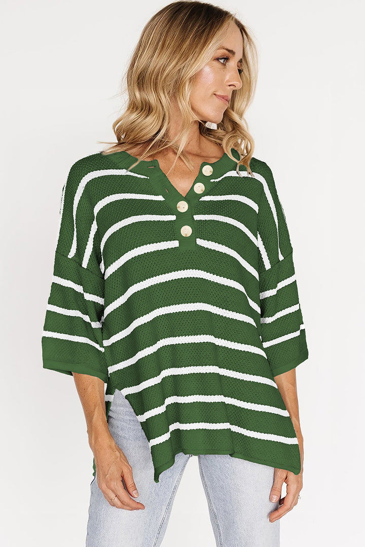 Green Stripe Henley Buttoned Placket Drop Shoulder Bracelet Sleeve Knit Sweater Tee