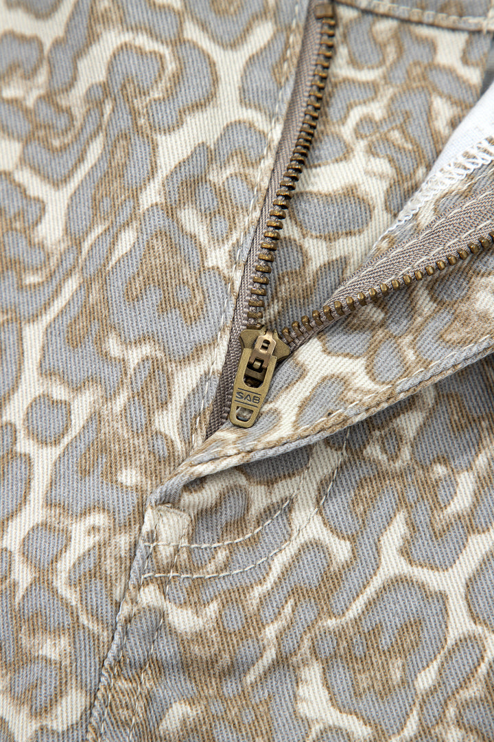 Khaki Raw Edge Leopard Print Denim Shorts