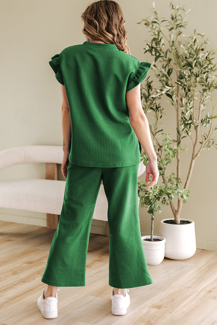 Dark Green Ruffled Sleeve Summer Top and Cropped Loose Pants Set
