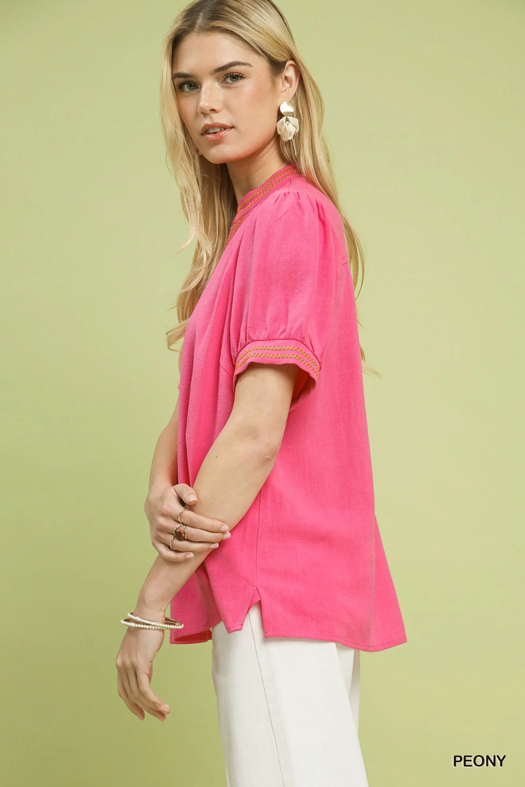 Umgee Embroidery Linen Puff Sleeve Blouse