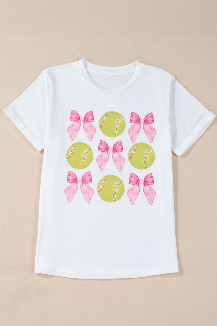 White Bow Tie Baseball Print Round Neck Casual Tee