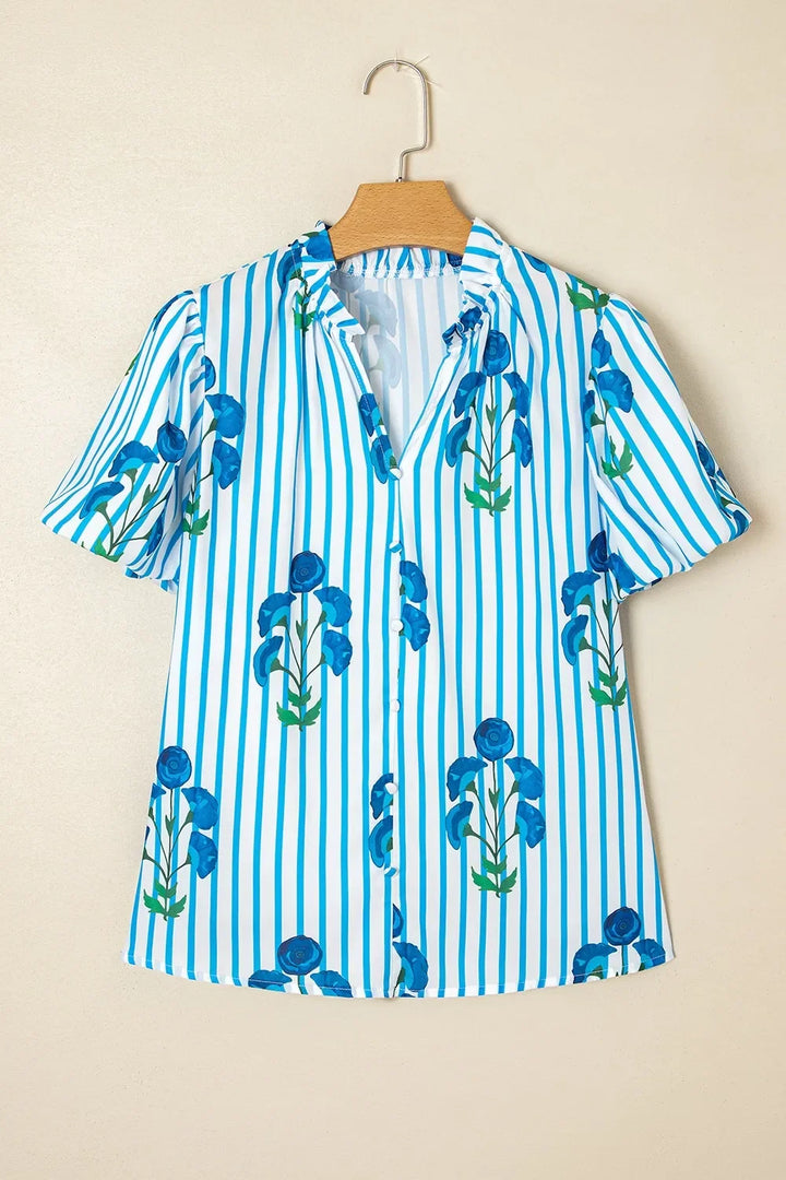 Stripe Floral Notched Neck Puff Sleeve Summer Blouse