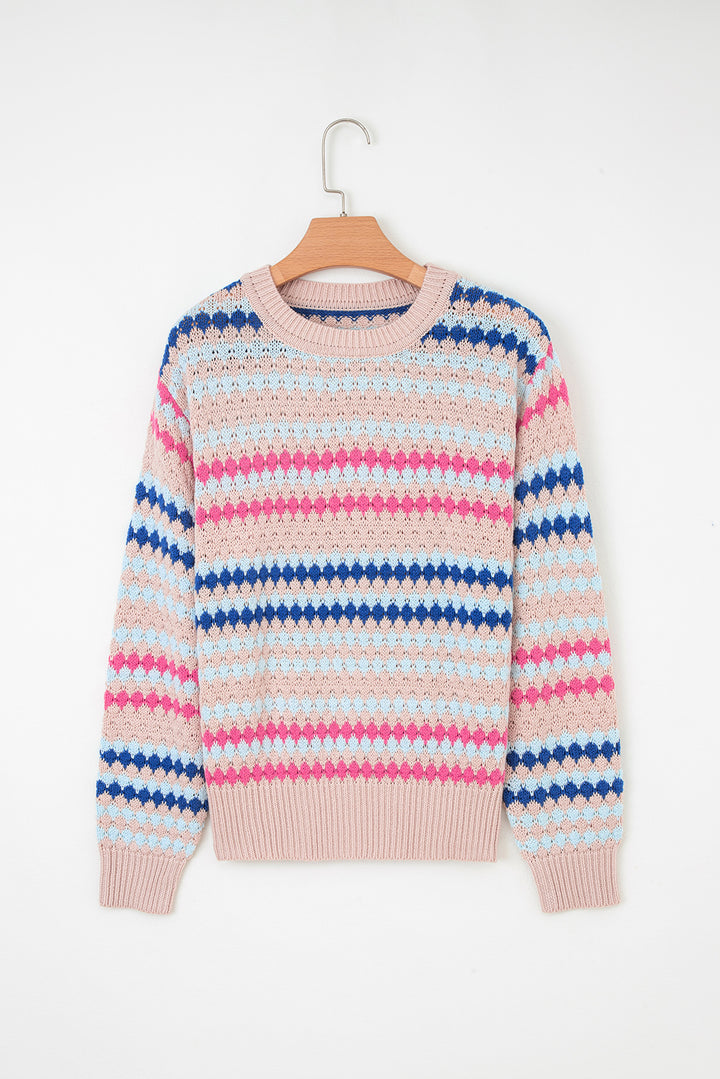 Khaki Stripe Eyelet Patterned Drop Shoulder Sweater