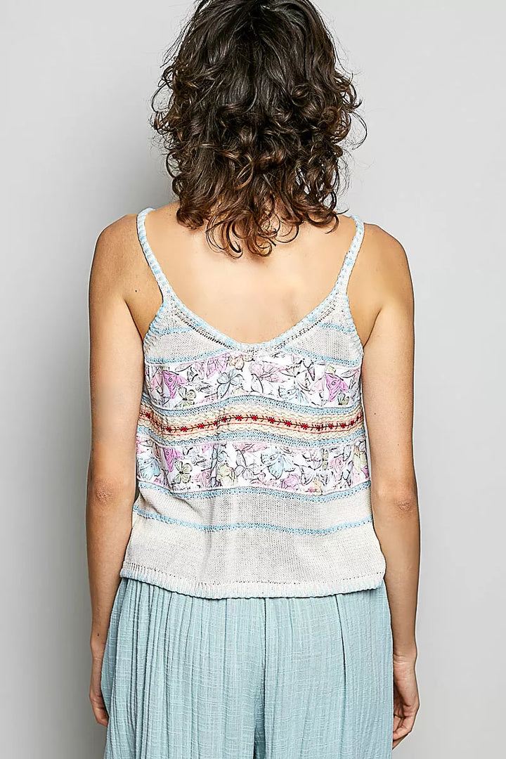 POL Printed Contrast Button Down Cami with Trim Detail and Blanket Stitch