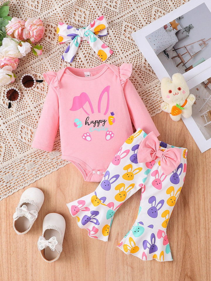 Children's Letter Ruffled Trim Bodysuit and Pants Set with Headband