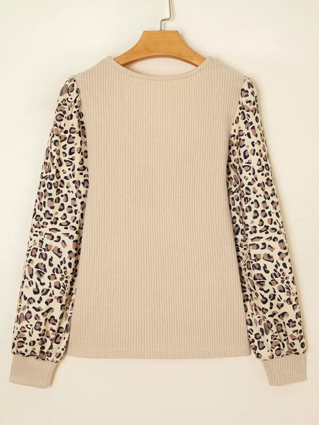 Leopard Sleeve Patchwork Ribbed Knit U Neck Top