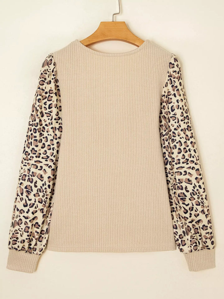 Leopard Sleeve Patchwork Ribbed Knit U Neck Top