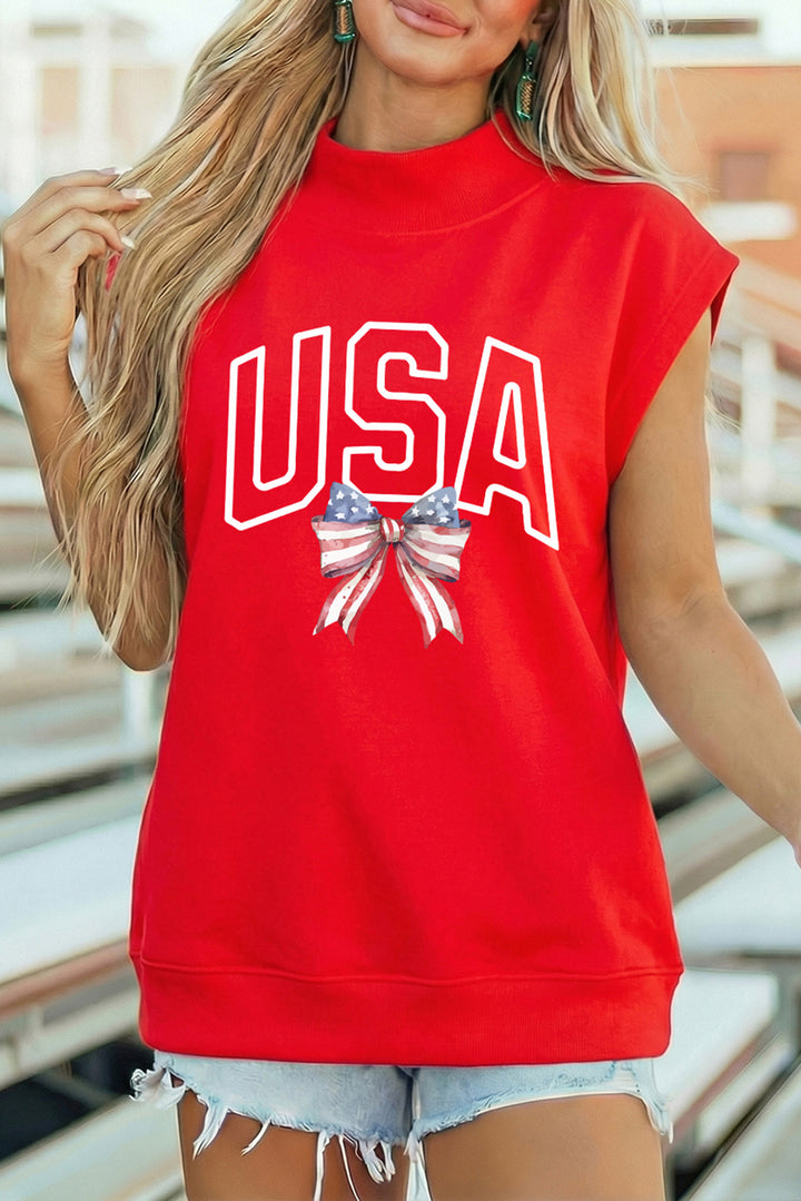 Racing Red USA Patriotic Bow Printed High Neck Cap Sleeve Top