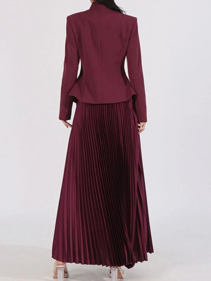 Button Up Long Sleeve Top and Pleated Skirt Set