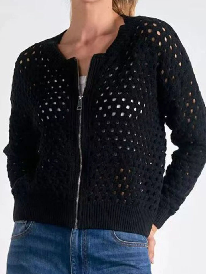 Full Size Zip Up Long Sleeve Cardigan with Eyelet Detail Plus Size