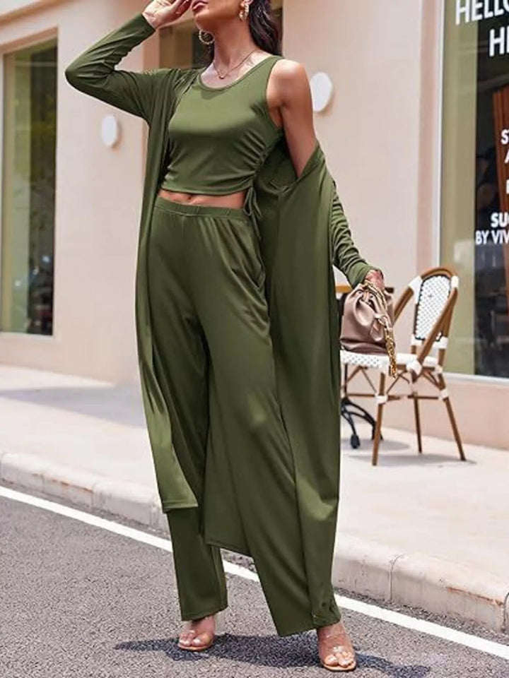 Round Neck Tank & Cardigan & Pants Set
