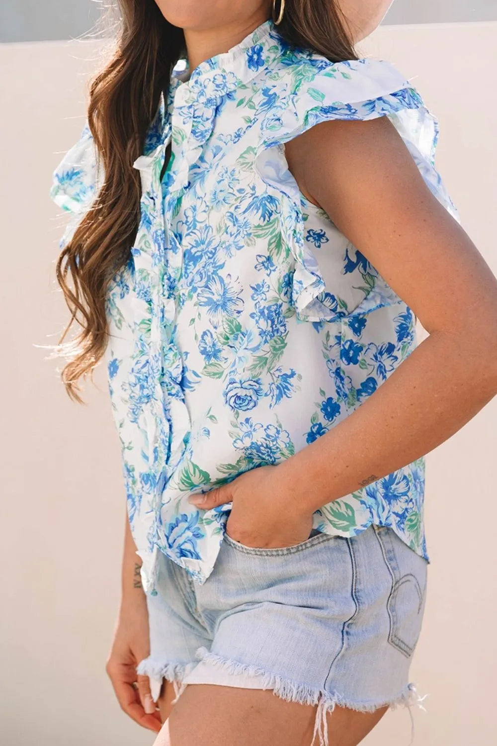 Floral Print Ruffle Sleeve Frilly Button Up Shirt