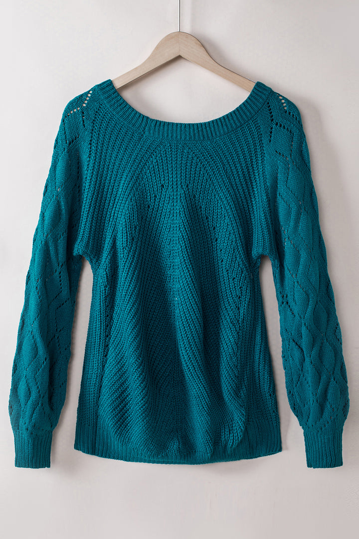 Blue Hollow-out Puffy Sleeve Knit Sweater