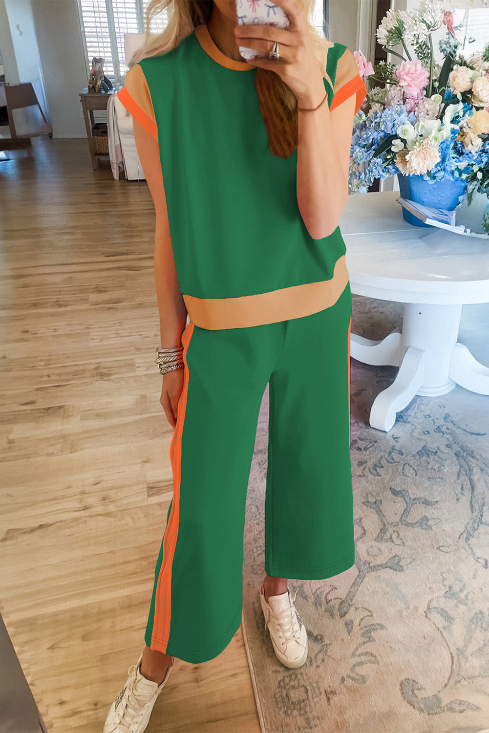 Dark Green Color Block Detail Casual Two-piece Set