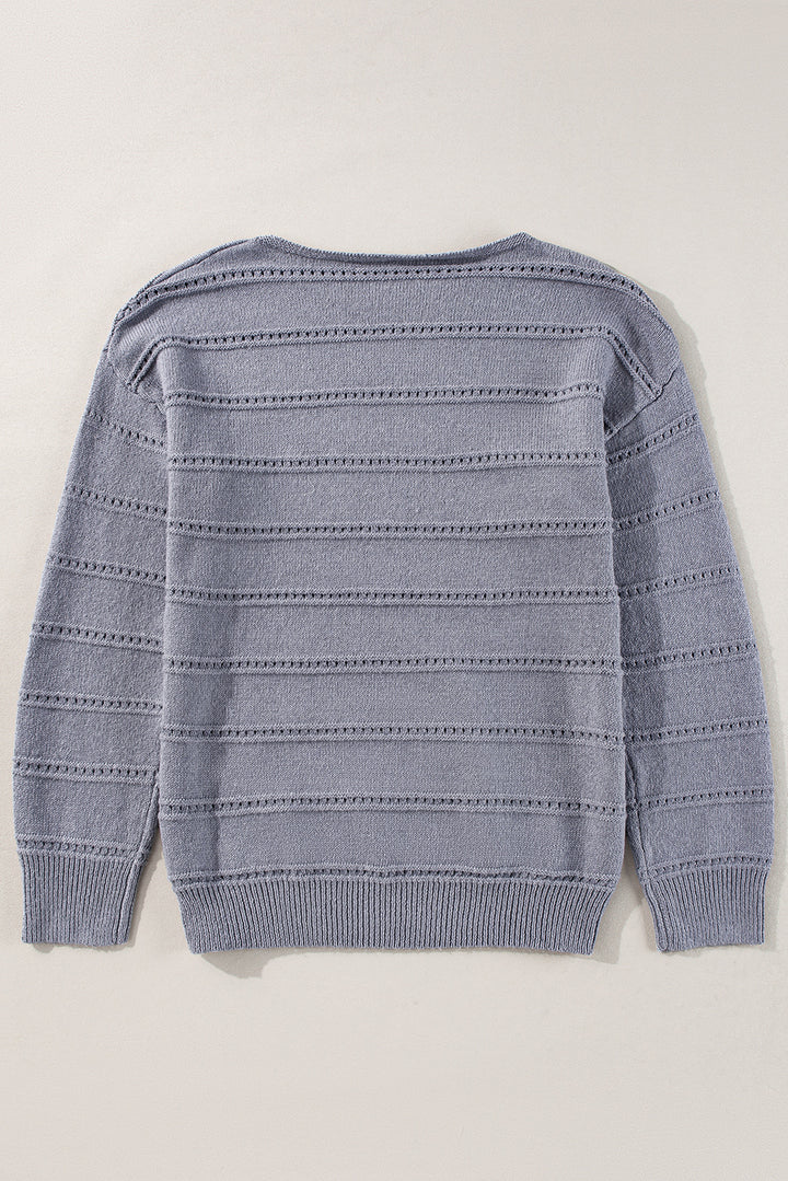 Light Grey Boat Neck Drop Shoulder Pointelle Knit Sweater