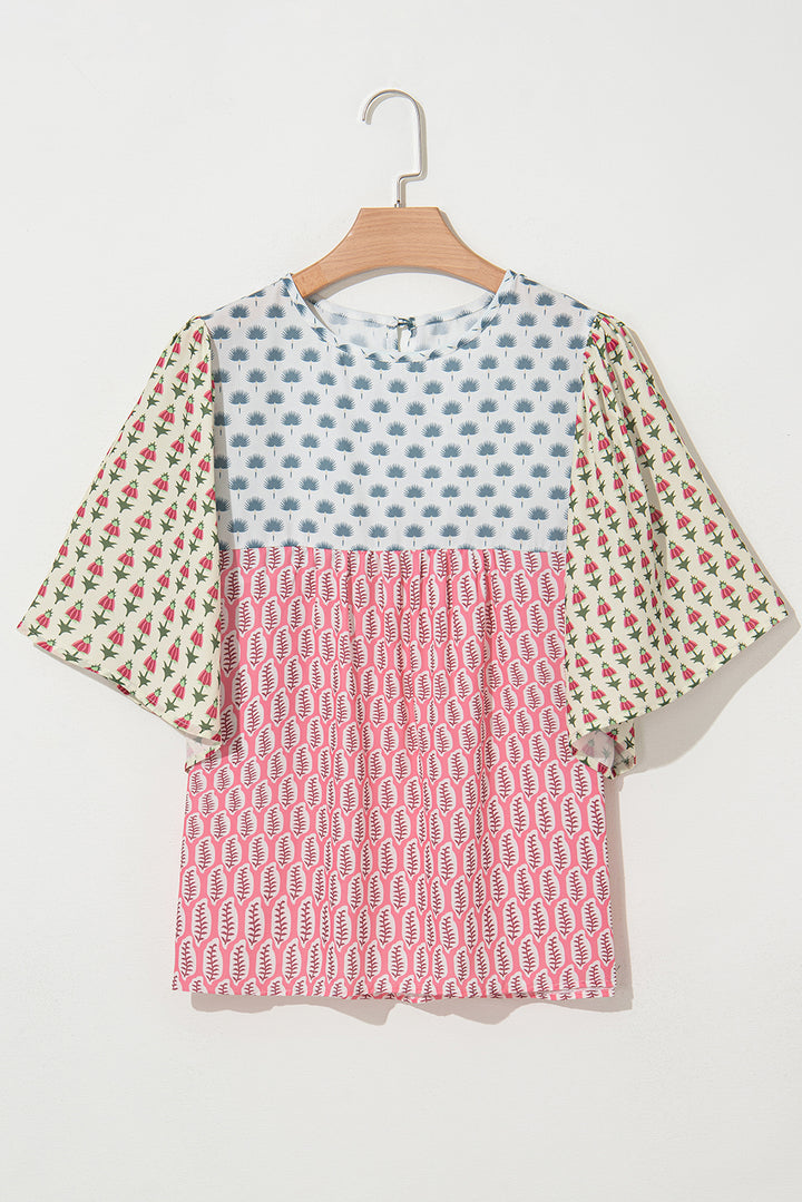 Red Floral Colorblock Flutter Cape Style Sleeves Blouse