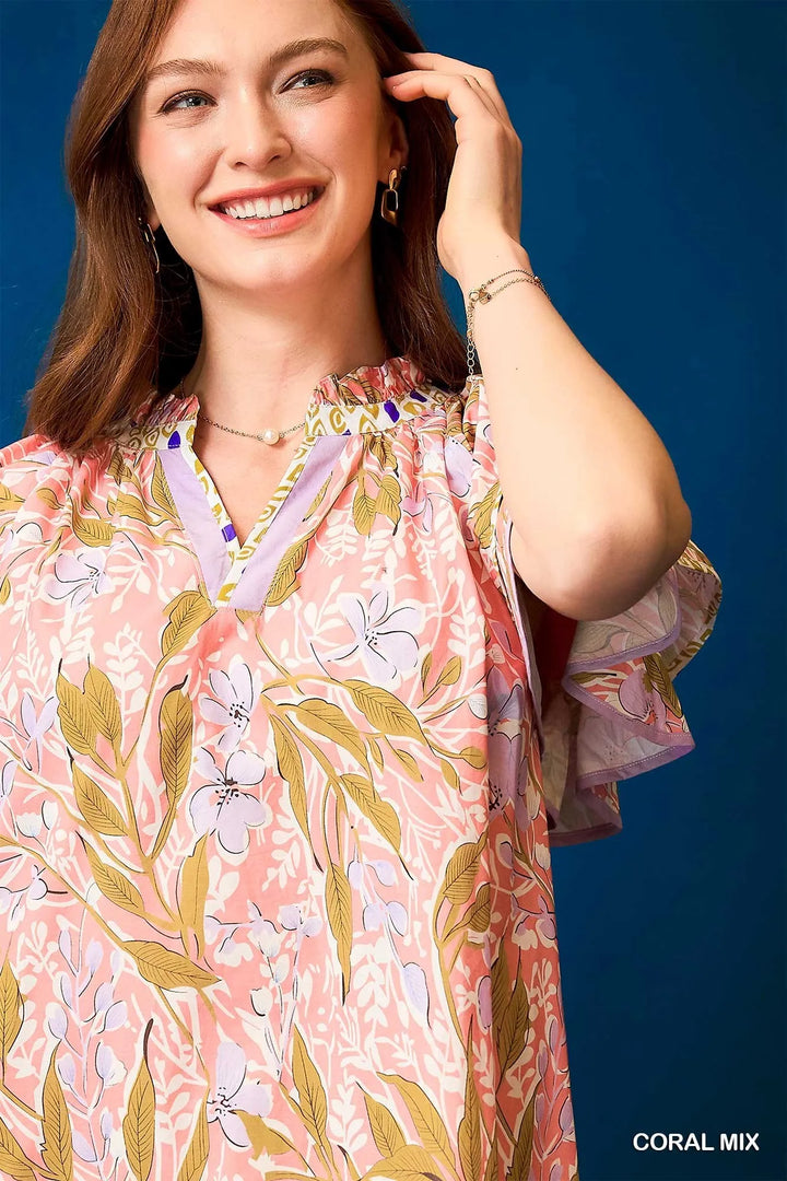 Umgee Floral Ruffle-Sleeve Tunic Dress