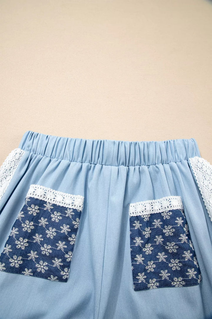 Lace Accent Floral Patched Pocket Pleated Wide Leg Slouchy Pants