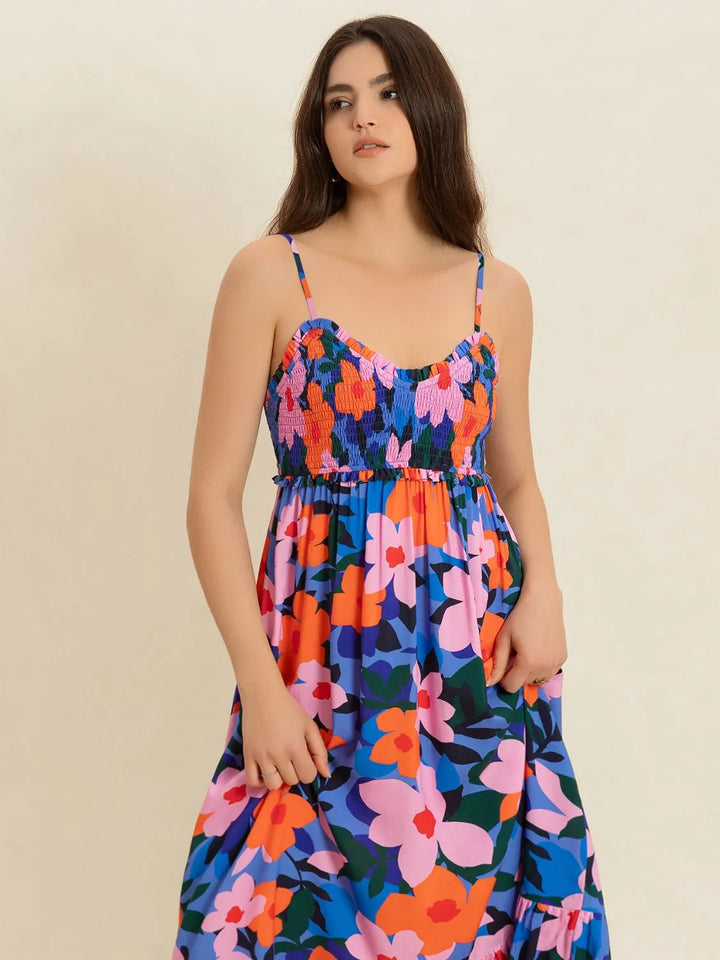 Smocked Back Ruffled Hem Printed Cami Dress