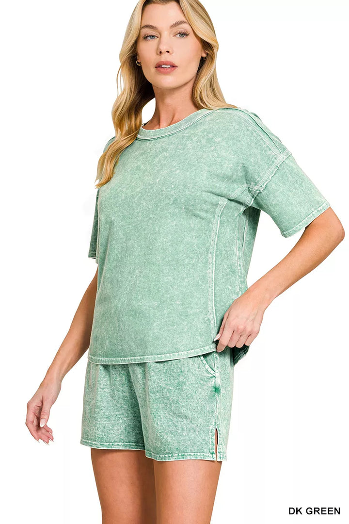 Zenana Halo Snow Washed Short Sleeve Tee and Shorts Set