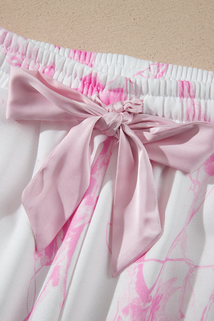 Pink Abstract Plant Print Long Sleeve V Neck Pant Set