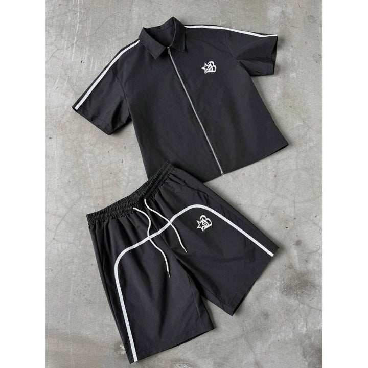 Striped Zip-front Short-sleeve Shirt And Shorts Set