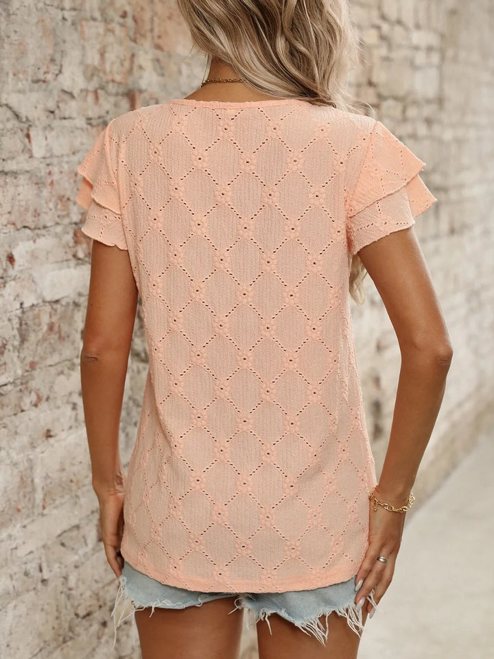 Eyelet Round Neck Double Layered Ruffled Short Sleeve Top