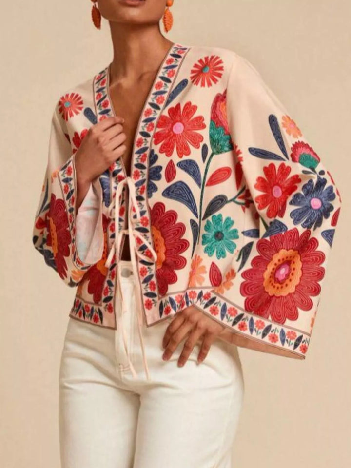 Floral Embroidered Tie-Front Shirt