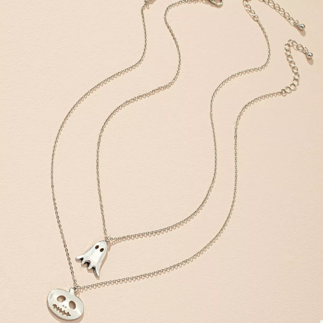 2 Piece Halloween Ghost & Pumpkin Pendant Necklace