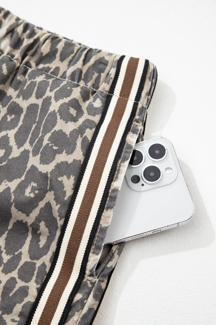 Multicolour Leopard Pattern Striped Detail Drawstring Denim Shorts
