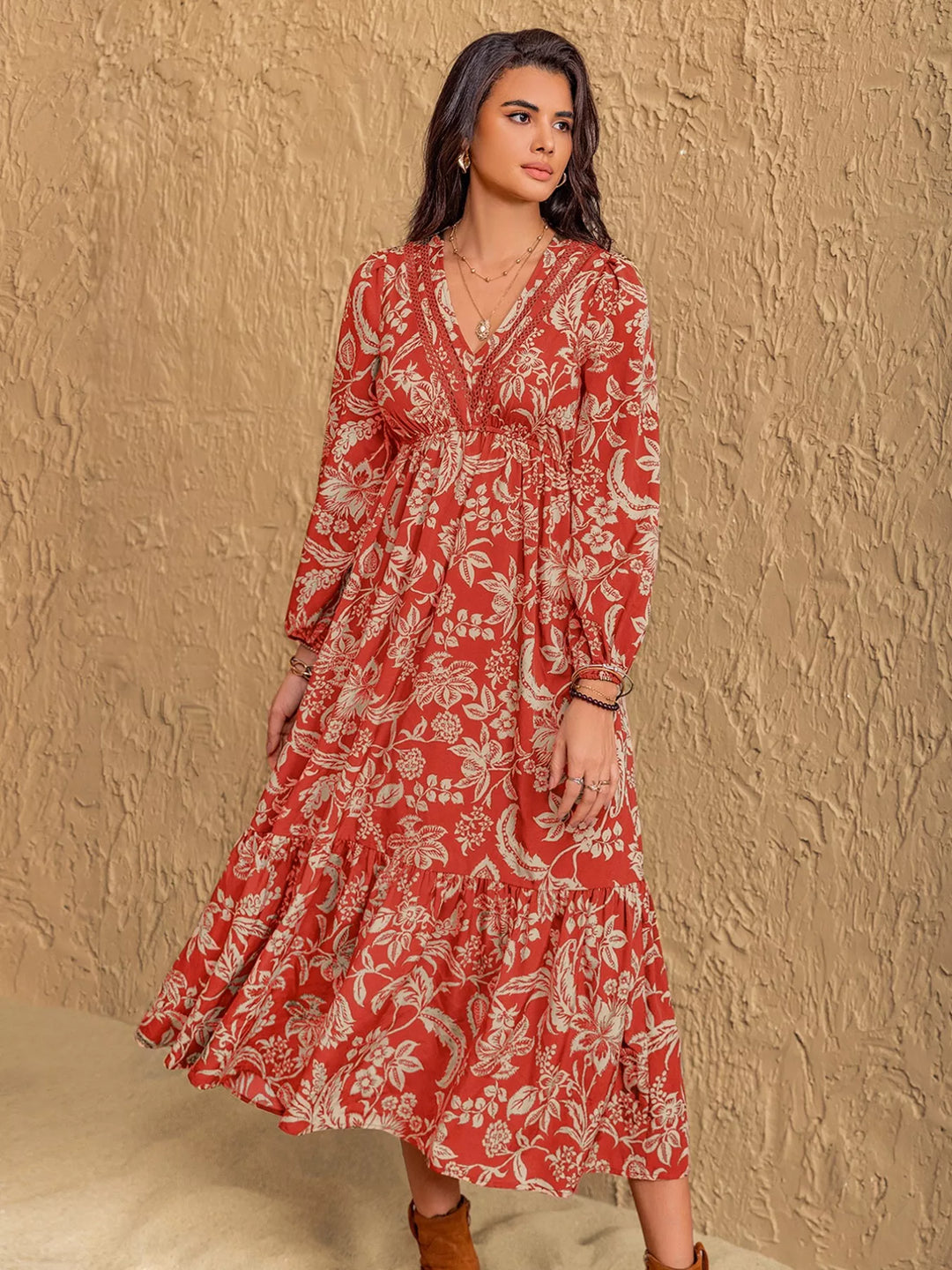 Boho Floral Print Long Sleeve Midi Dress