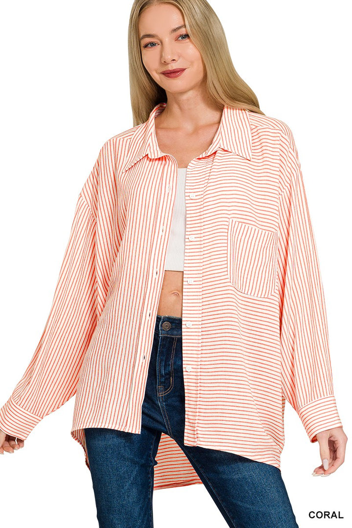 Zenana Woven Stripe Button Down Shirt