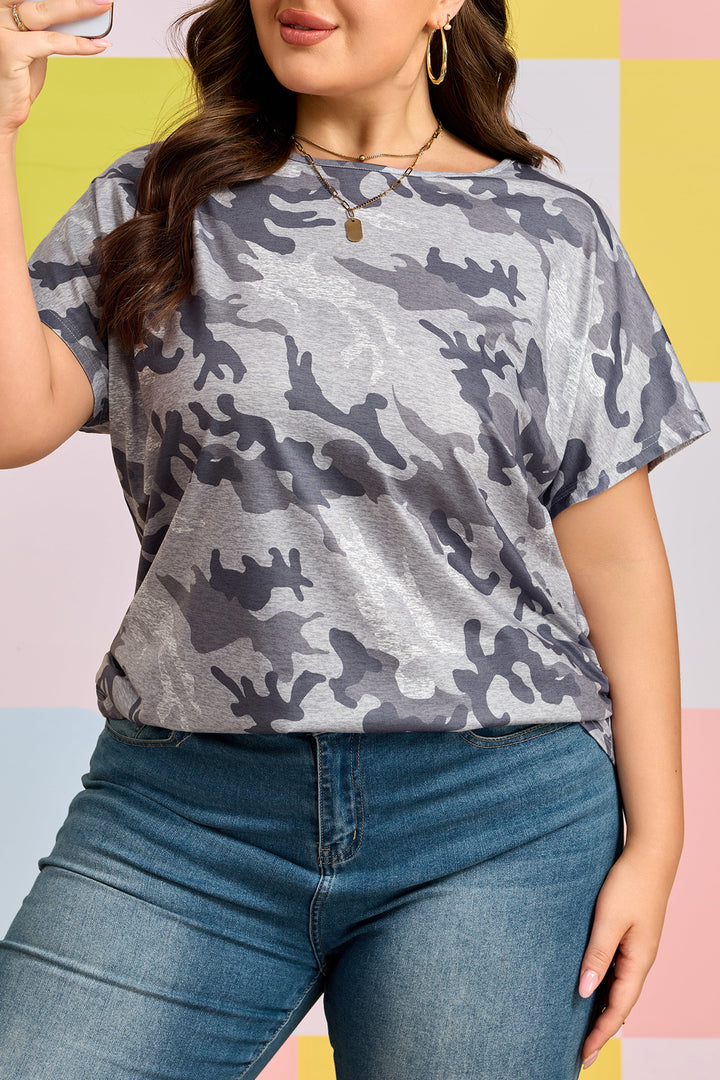 Gray Plus Size Camo Print Casual T Shirt