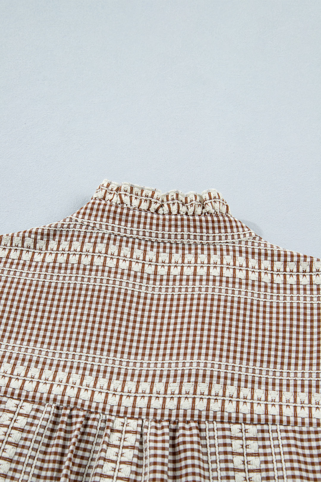 Brown Western Pony Embroidered Yoke Puff Sleeve Gingham Blouse