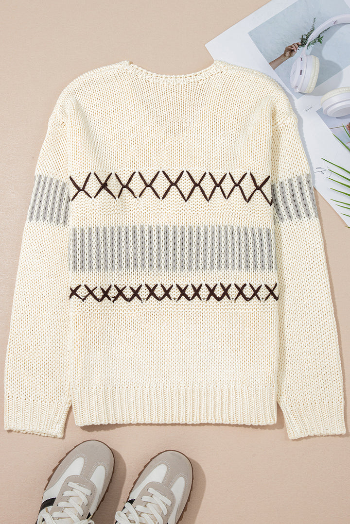 Parchment Contrast Stitch Detail V Neck Drop Shoulder Sweater