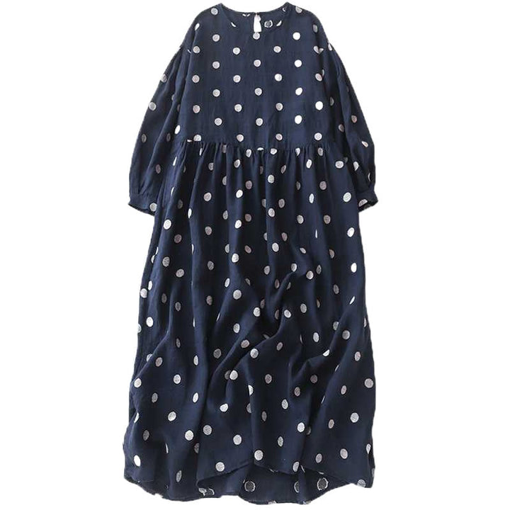 Artistic Retro Blue Polka-Dot Dress Crew-Neck Long-Sleeve French-Elegance Cotton-Linen Jumper Dress