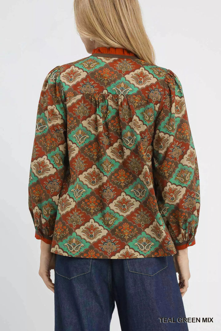 Umgee Abstract Print Ruffle Neck Top